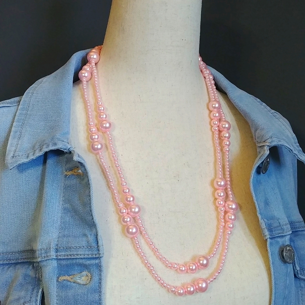 Pink Beaded Faux Pearl Long Necklace Costume Jewellery